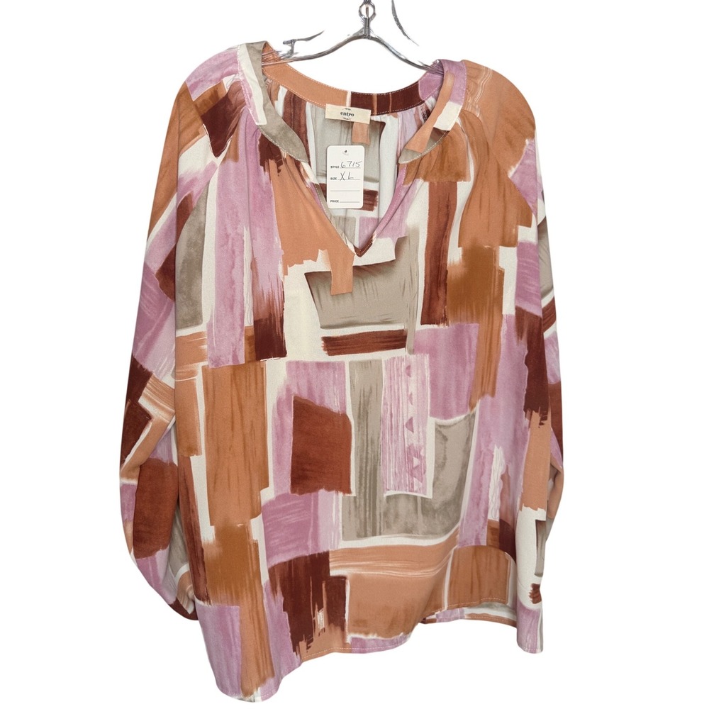 Entro Abstract Geometric Print Blouse Women XL Pink Tan Polyester Boho NWT